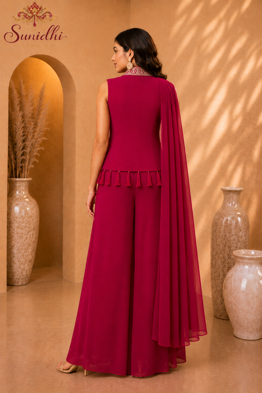 Rani Pink Embroidered Indo-Western Palazzo Set with Cape