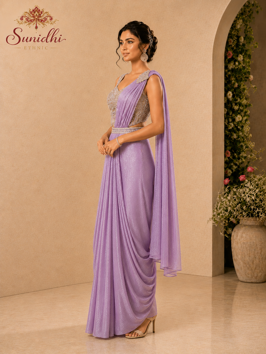 Lavender Ready-to-Wear Draped Saree Gown with Embroidered Blouse