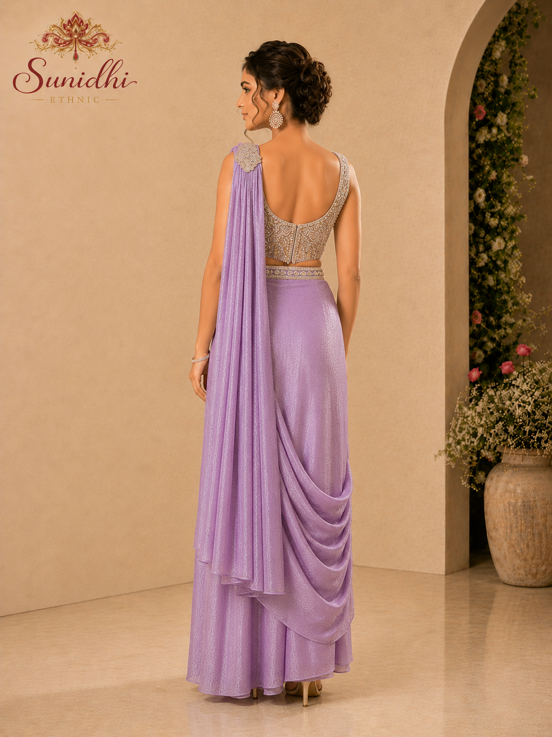 Lavender Ready-to-Wear Draped Saree Gown with Embroidered Blouse