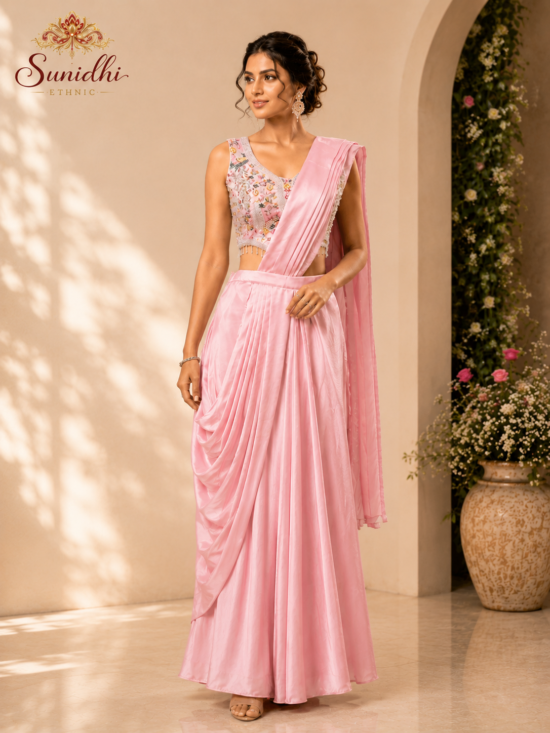 Baby Pink Ready-to-Wear Draped Saree Gown with Embroidered Blouse
