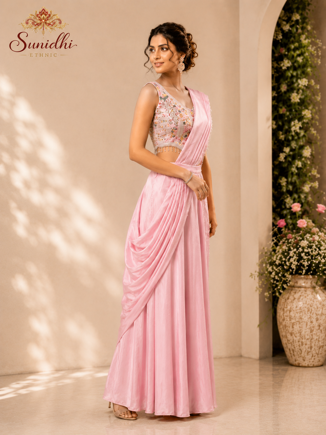 Baby Pink Ready-to-Wear Draped Saree Gown with Embroidered Blouse