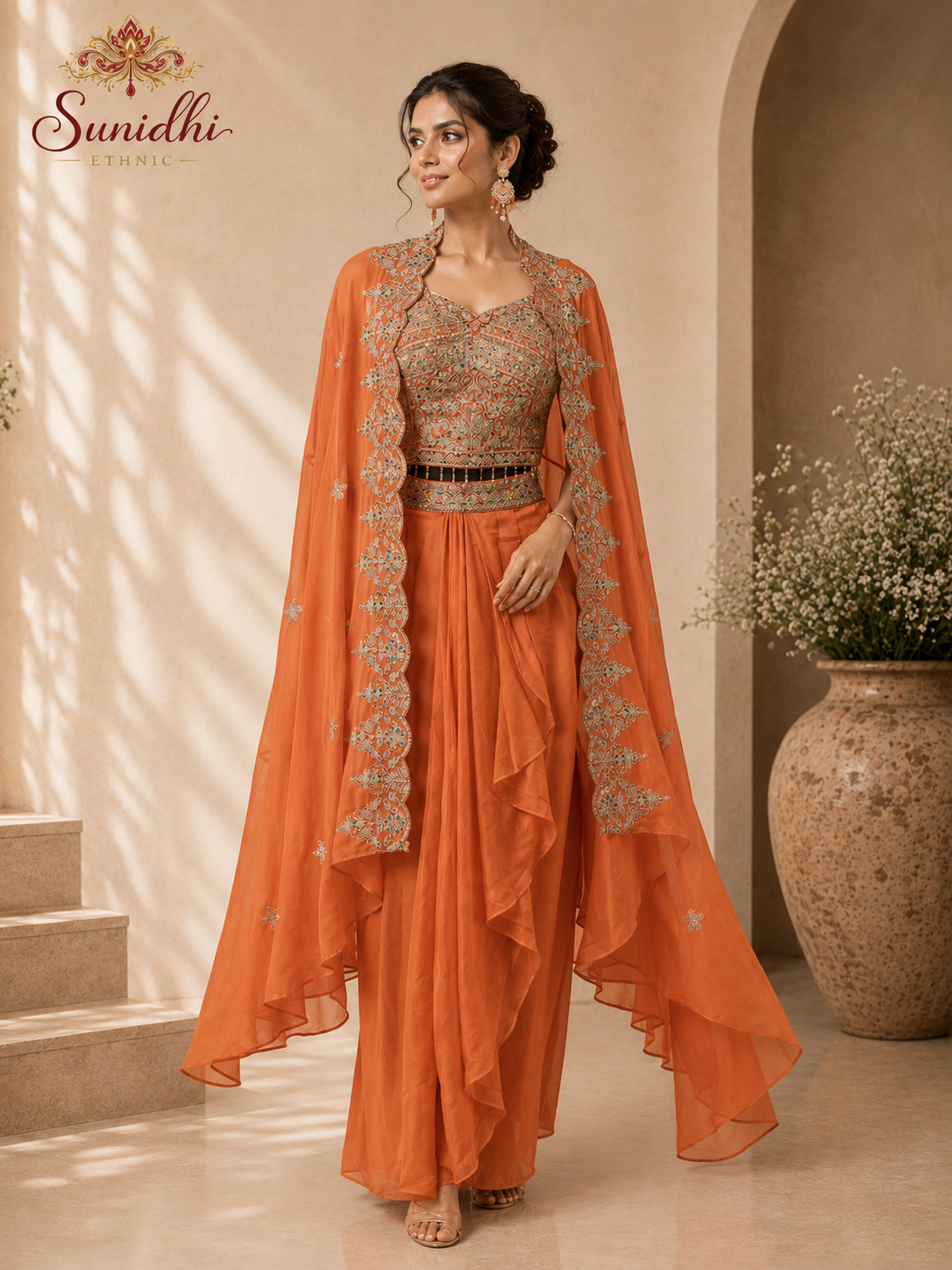 Orange Embroidered Indo-Western Palazzo Set with Cape