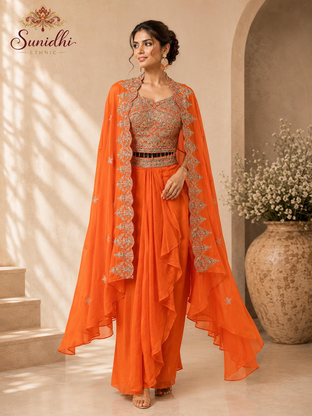 Orange Embroidered Indo-Western Palazzo Set with Cape