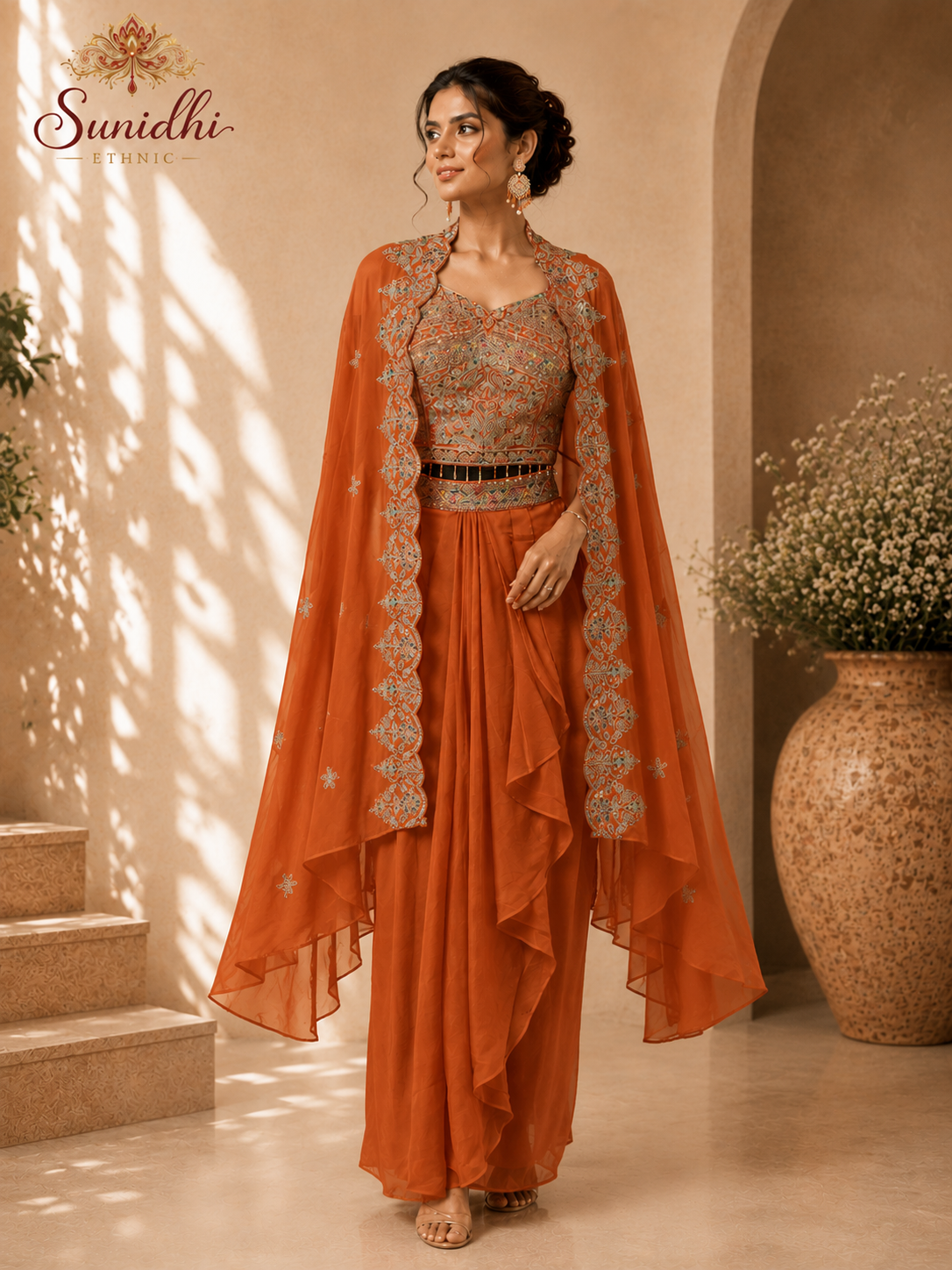 Orange Embroidered Indo-Western Palazzo Set with Cape