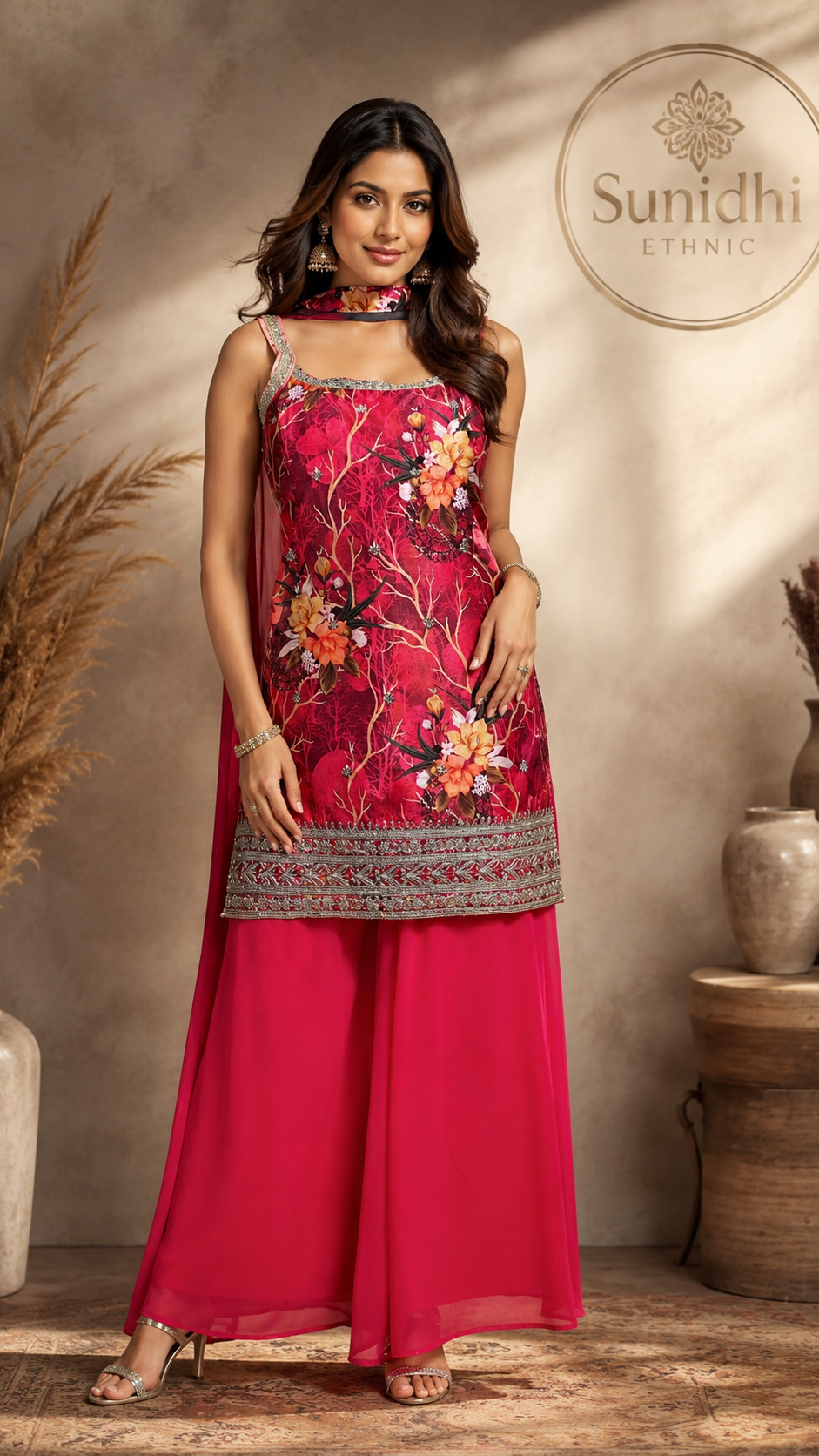 Floral Printed Indo-Western Kurti Plazo Set with Choker Dupatta & Separate Sleeves Fabric – Pink Wine