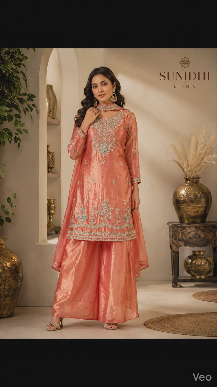 Peach Tissue Embroidered Kurta Plazo Set with Choker Dupatta