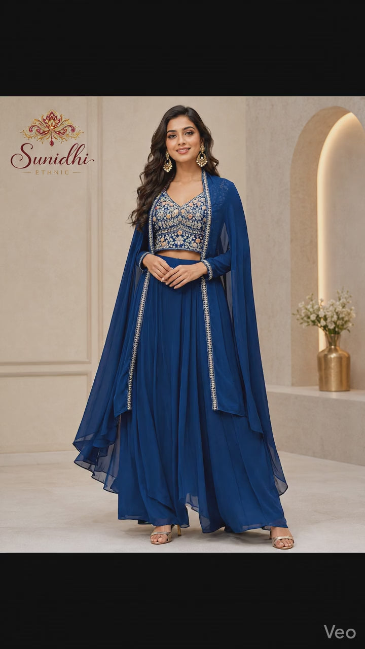 Royal Blue Embroidered Dhoti Set with Cape Jacket – Premium Indo-Western Ethnic Ensemble